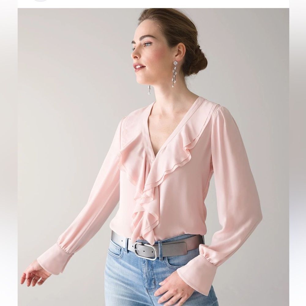 White House Black Market Pink Ruffle Front Blouse Size 6